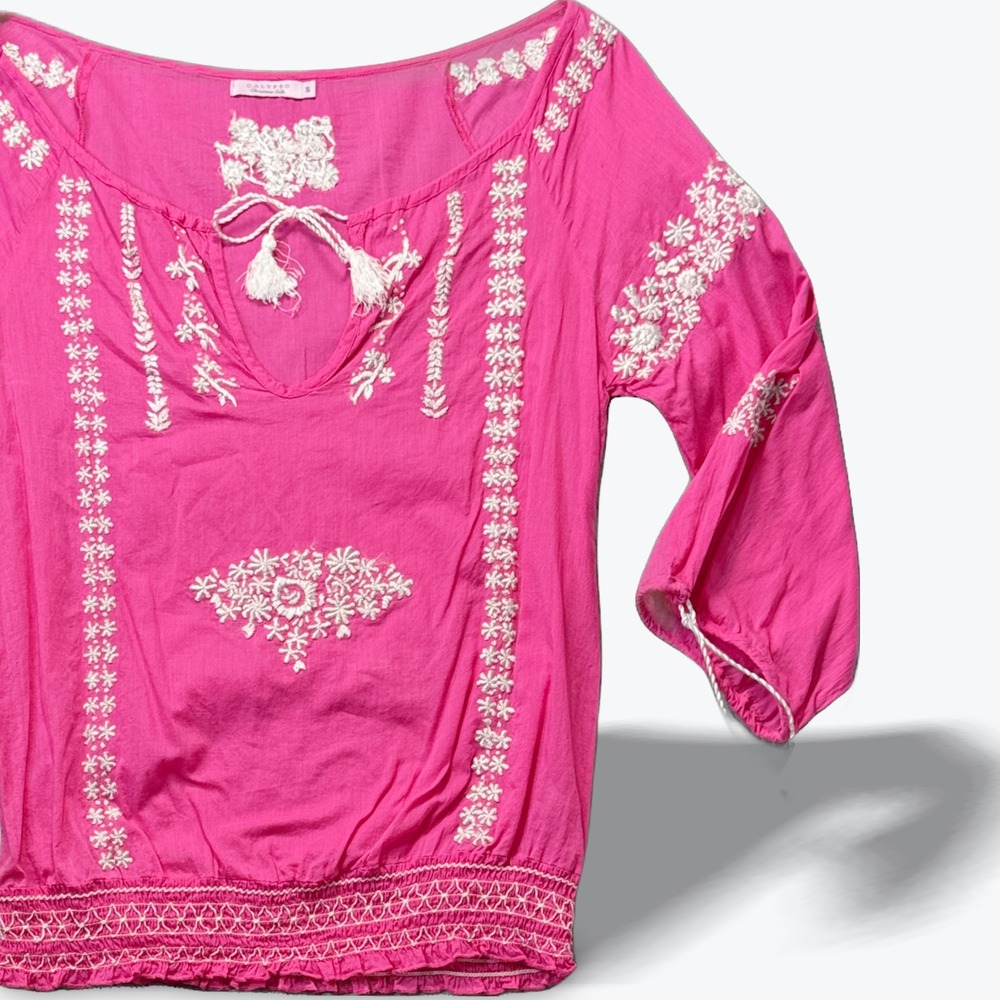 Calypso Christiane Celle Peasant Blouse Pink Embroidered Cotton‎ Small Boho Top